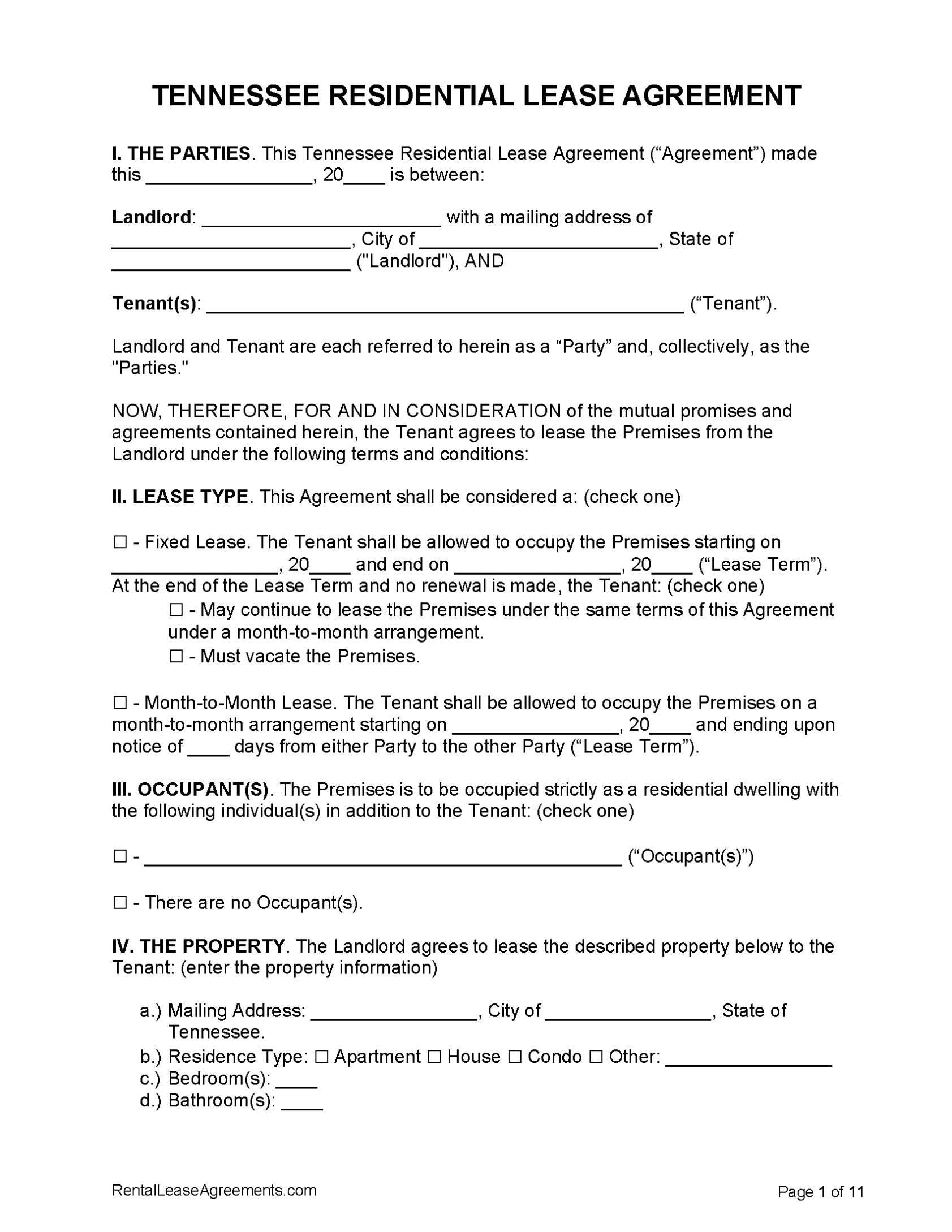 Free Tennessee Residential Lease Agreement | Pdf - Ms Word With Regard To Free Tenant Lease Agreement Template