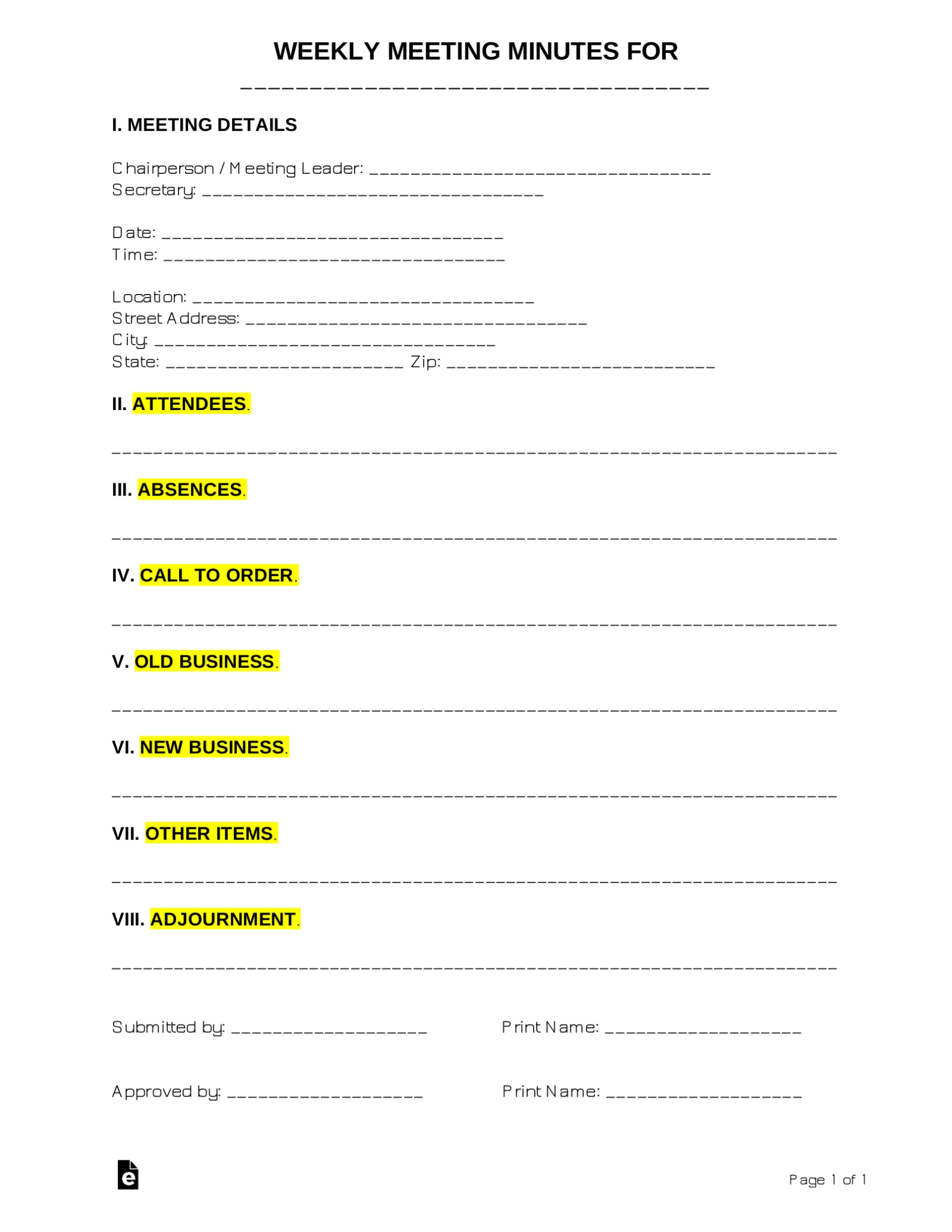 Free Weekly Meeting Minutes Template | Sample - Pdf | Word - Eforms In Meeting Notes Format Template