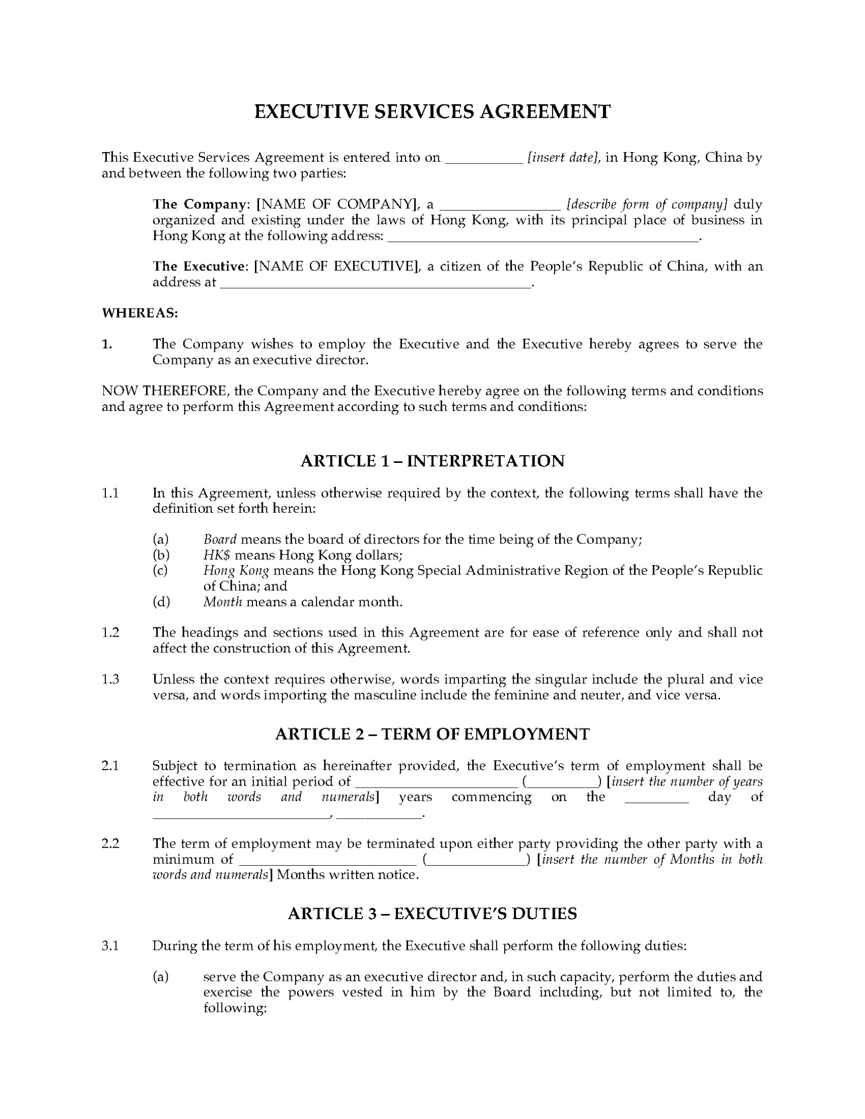 Hong Kong Executive Services Agreement | Legal Forms And Business pertaining to Directors Service Agreement Template