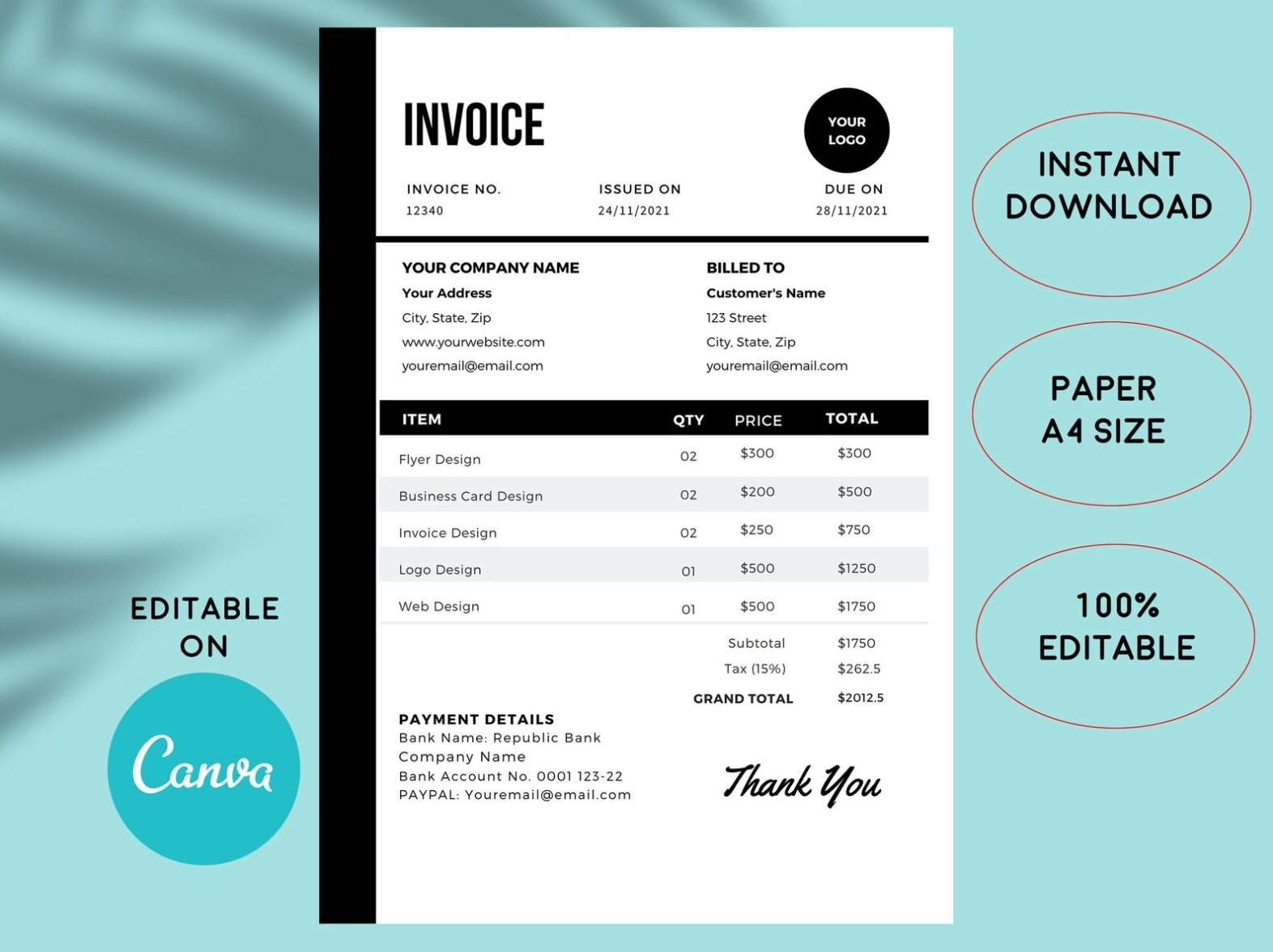Invoice Template Invoice Template Download Commercial - Etsy Singapore Inside Invoice Template Singapore