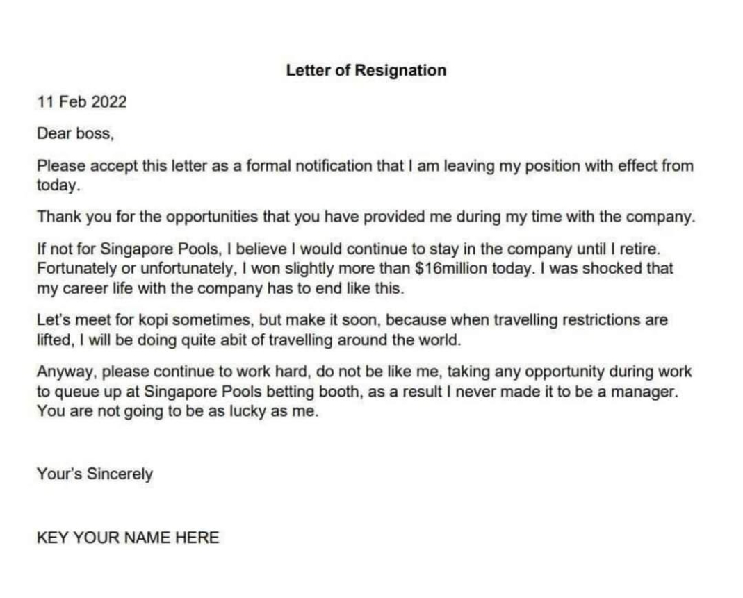 Letter Of Resignation Template For Monday : Singapore For Template For Resignation Letter Singapore