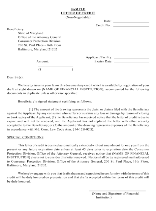 Maryland Letter Of Credit (Non-Negotiable) - Sample Download Printable with Letter Of Credit Draft Template