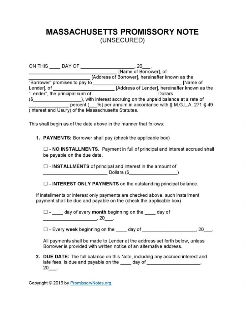 Massachusetts Unsecured Promissory Note Template - Promissory Notes In Unsecured Note Template