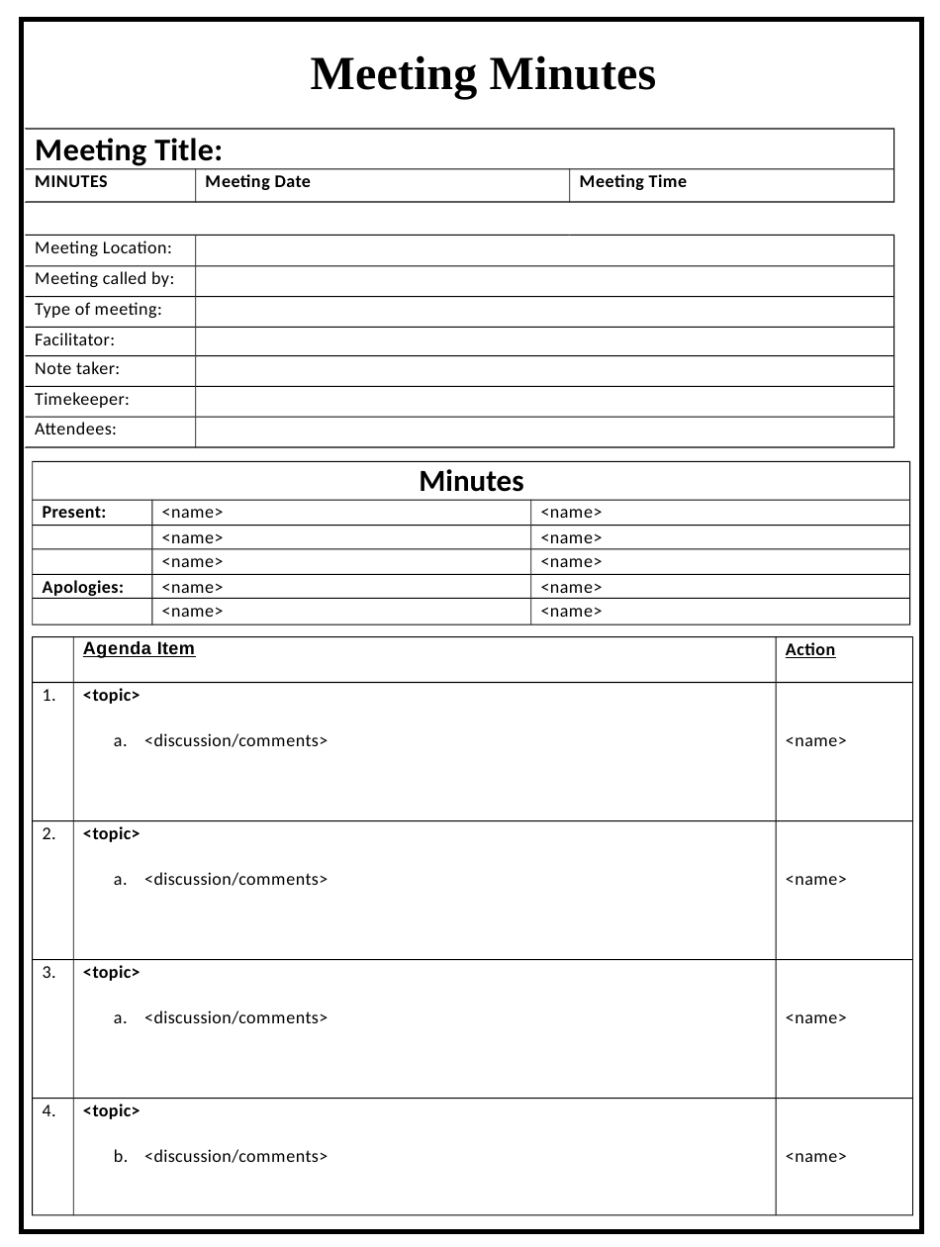 Meeting Minutes Template Download Printable Pdf | Templateroller With Regard To Blank Meeting Agenda Template