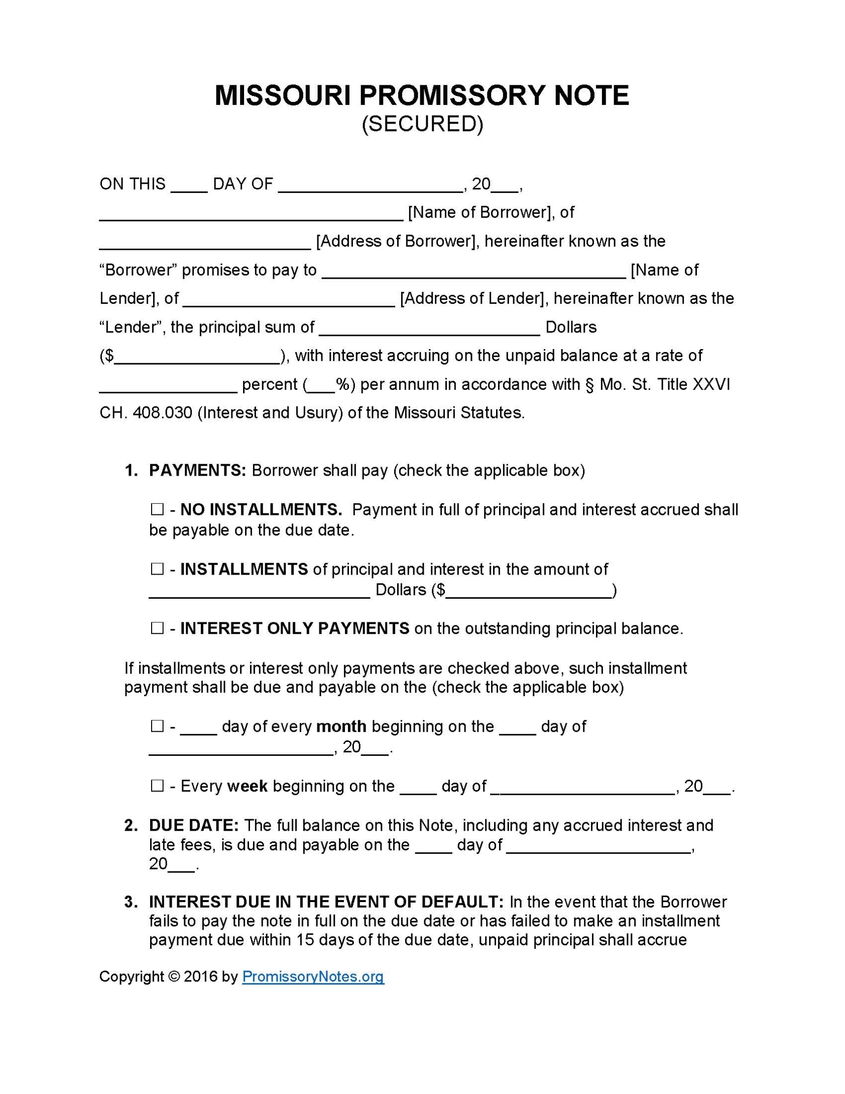 Missouri Secured Promissory Note Template - Promissory Notes Intended For Promissory Notes Templates