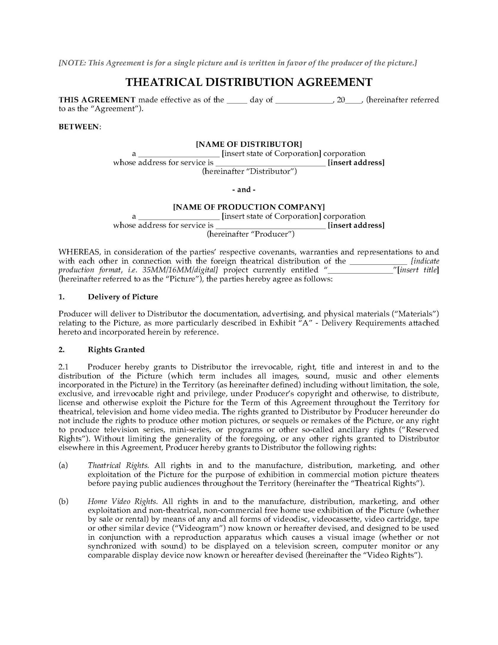 Motion Picture Distribution Agreement (Producer) | Legal Forms And Regarding Tv Advertising Agreement Template