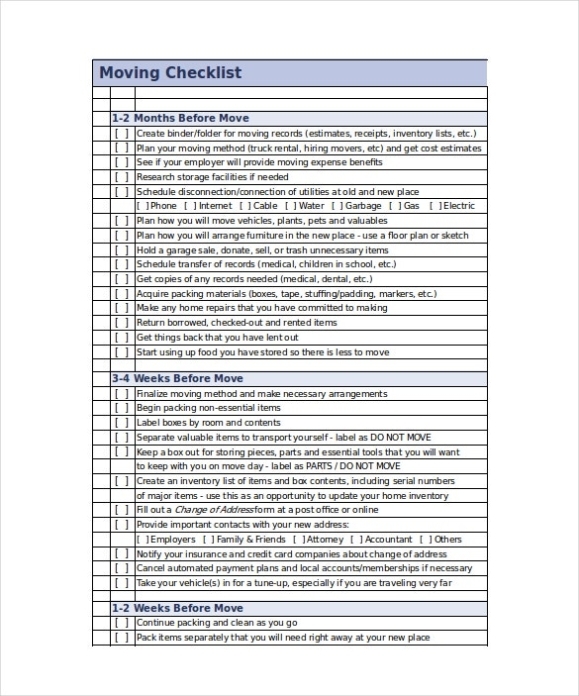 Moving Checklist Template - 20+ Word, Excel, Pdf Documents Download Within Business Relocation Plan Template