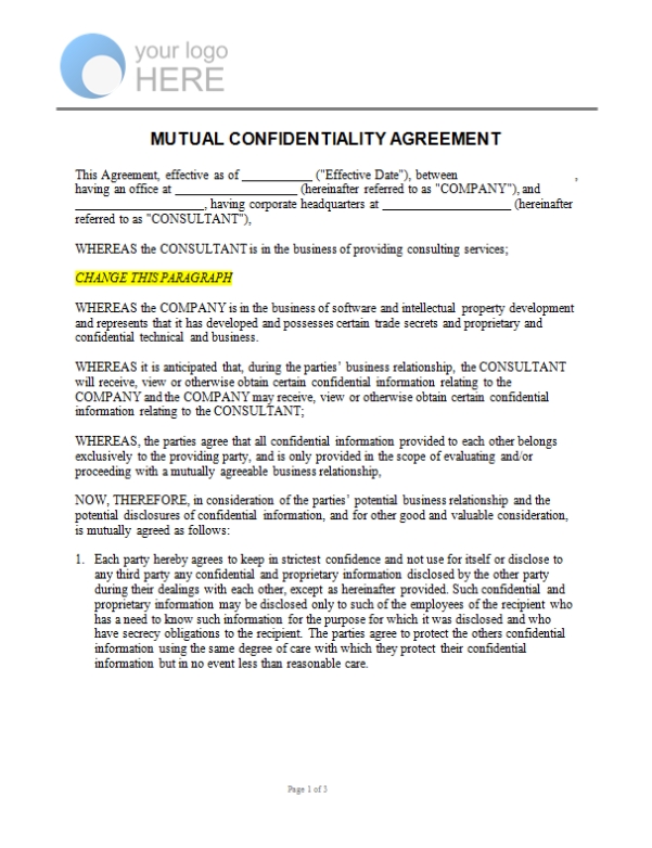 Mutual Confidentiality Agreement | Linda Rawson Regarding Mutual Confidentiality Agreement Template