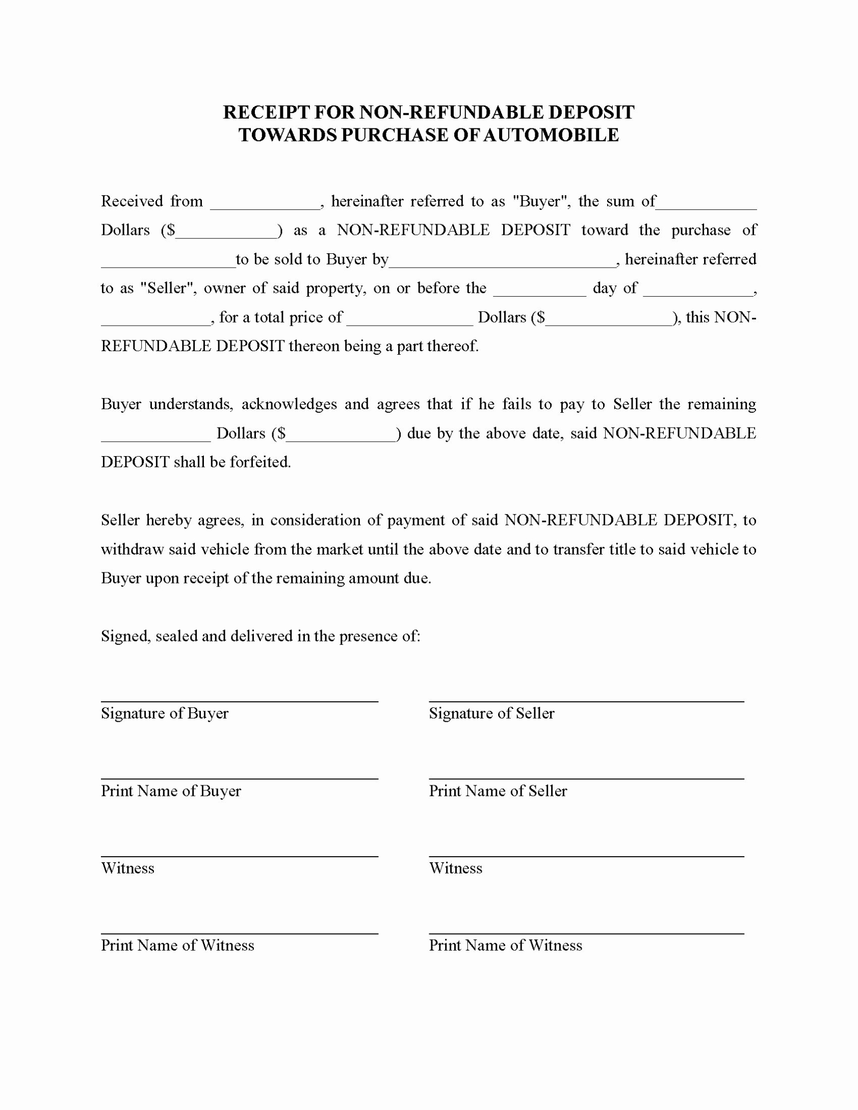 Non Refundable Deposit Form Template | Peterainsworth Throughout Non Refundable Deposit Agreement Template