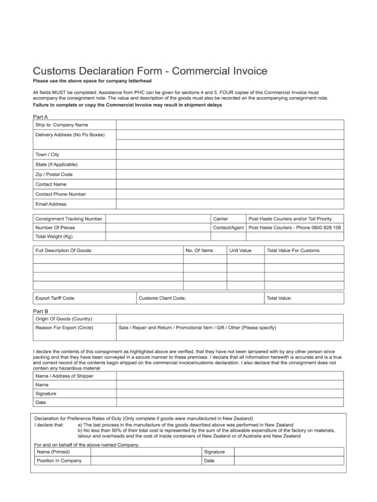 Nz Customs Declaration Form - Commercial Invoice - Fill And Sign In New Zealand Invoice Template