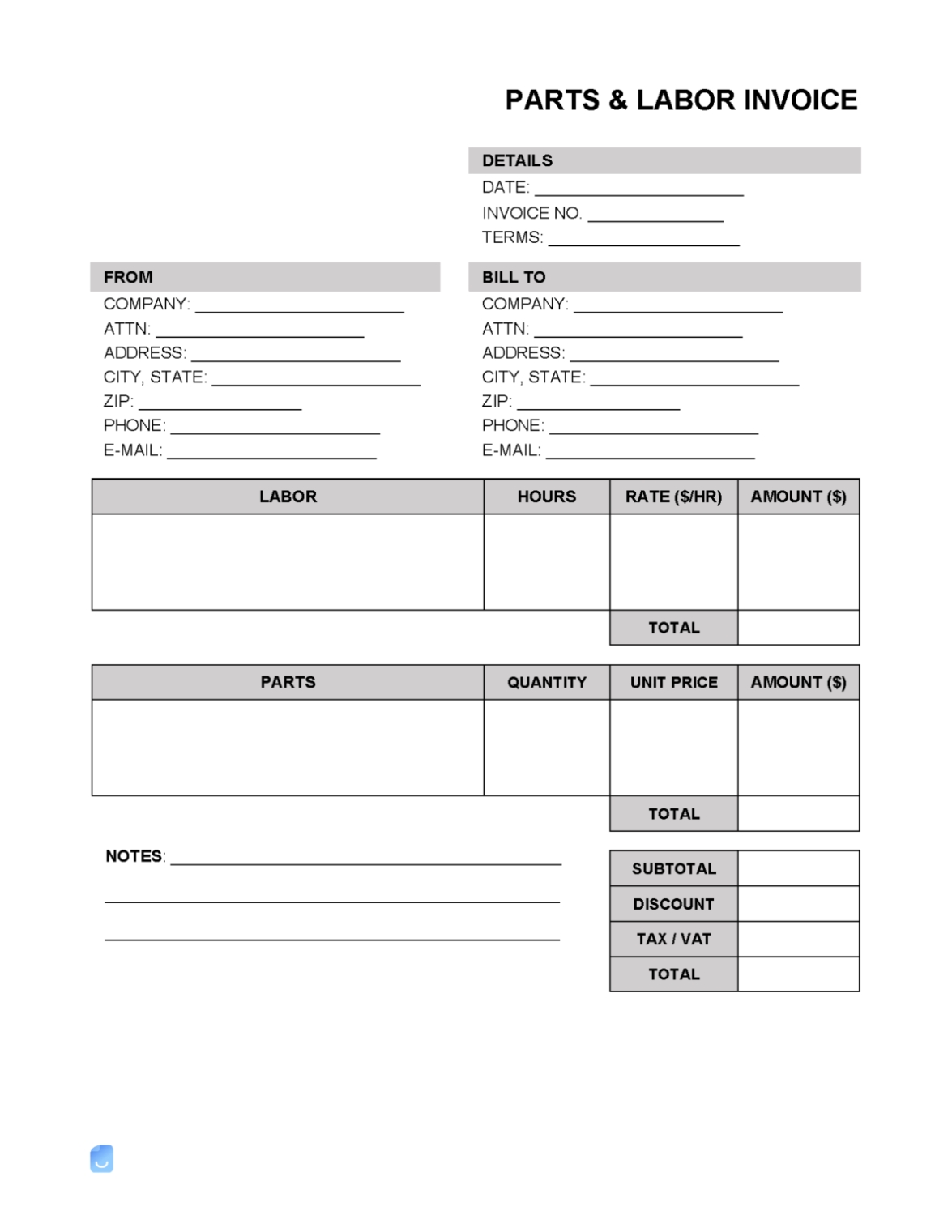 Parts And Labor Invoice Template With Parts And Labor Invoice Template Free