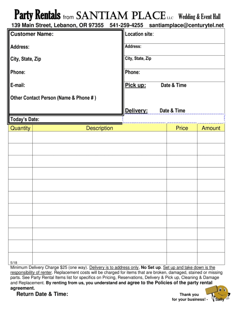 Party Rentals Santiam Place Llc Wedding & Event Hall Form - Fill Out Within Banquet Hall Rental Agreement Template