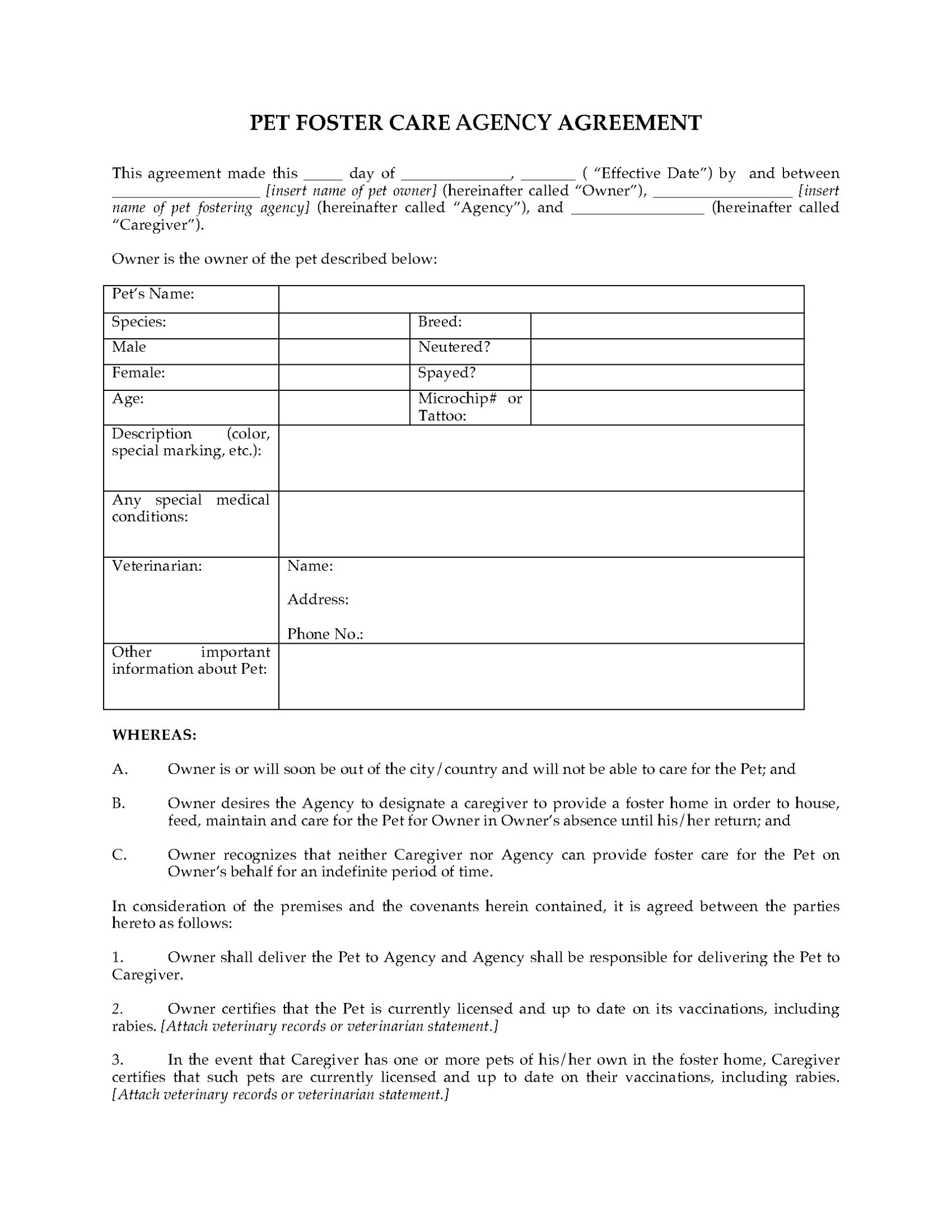 Pet Foster Care Agreement | Legal Forms And Business Templates With Home Care Service Agreement Template