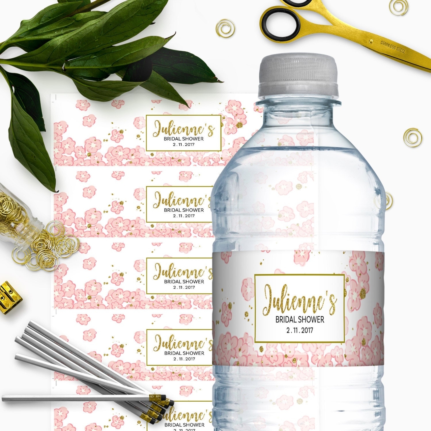 Pink And Gold Bridal Shower Water Bottle Labels-Glitter Modern throughout Bridal Shower Label Templates