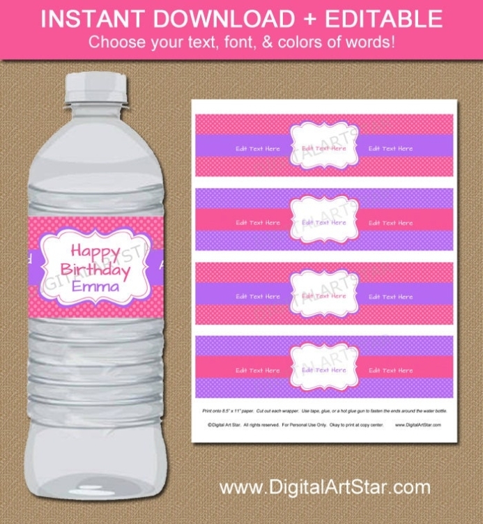 Pink And Purple Water Bottle Labels Diy Editable In Adobe | Etsy Intended For Diy Water Bottle Label Template