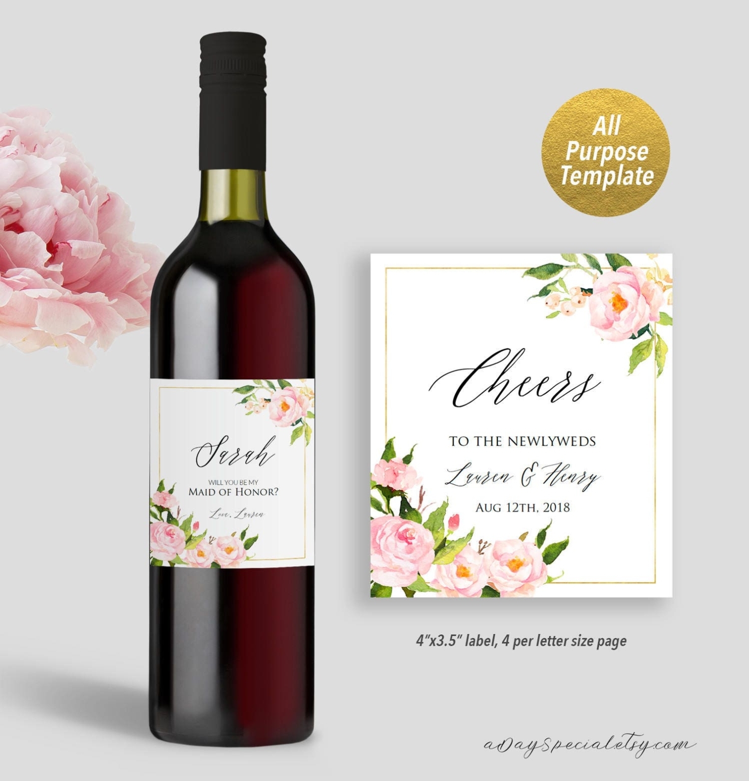 Pink Peony Wedding Wine Bottle Label Template Printable | Etsy Pertaining To Wine Bottle Label Design Template