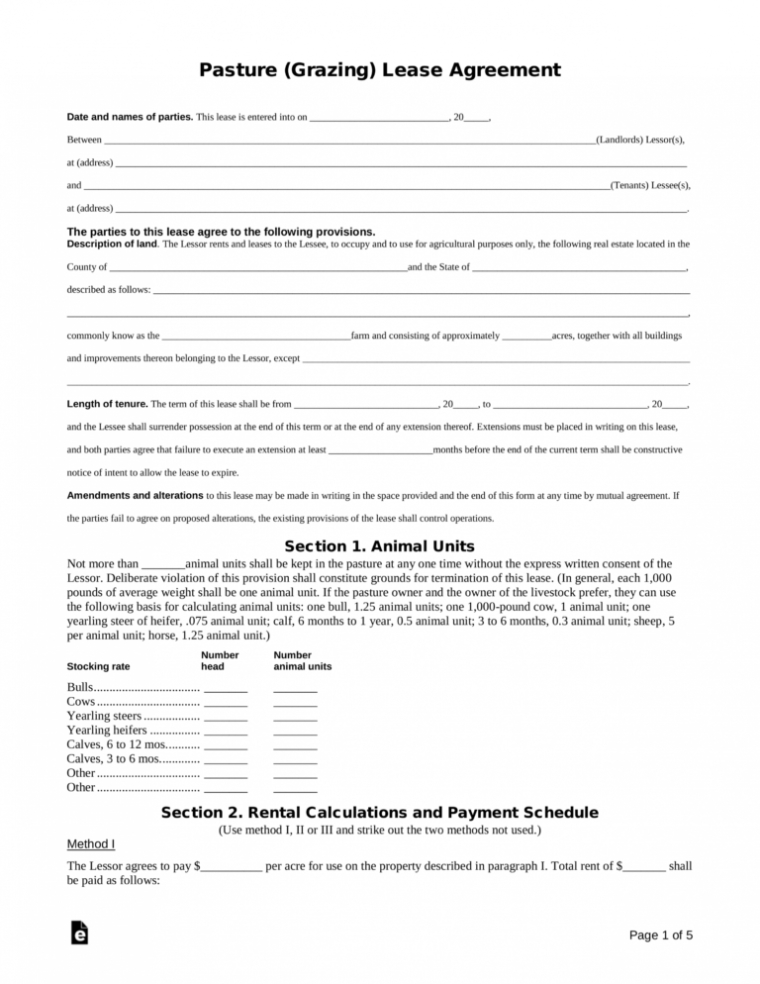 Printable Free Pasture Grazing Rental Lease Agreement Template Pdf Hay Regarding Free Printable Residential Lease Agreement Template