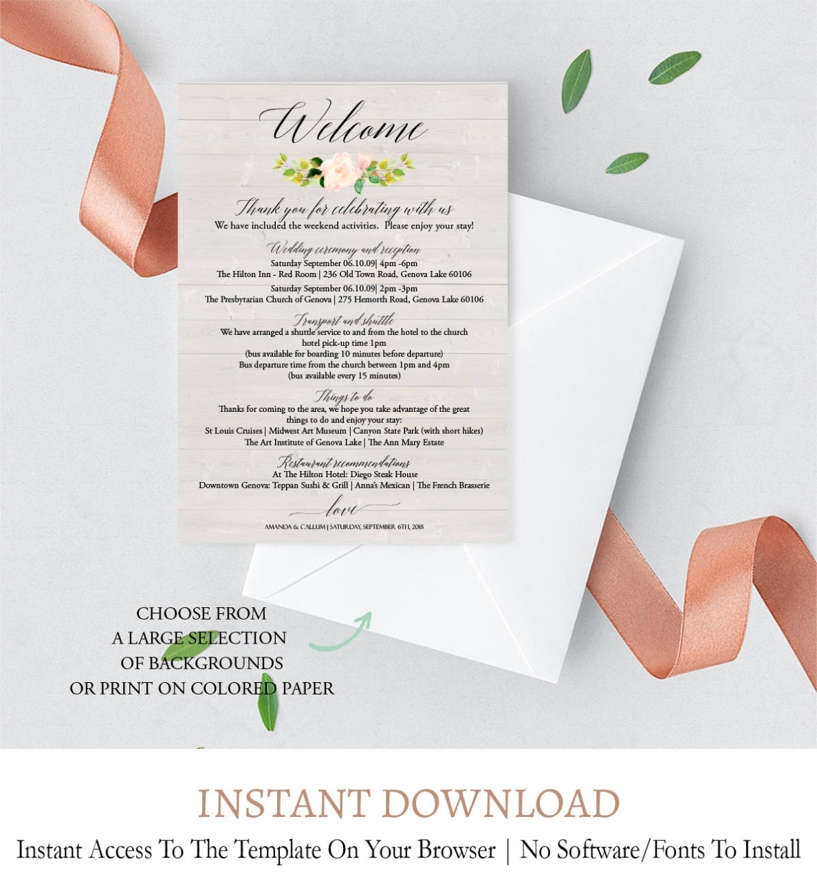 Printable Wedding Itinerary Template, Editable Welcome Letter Floral Inside Wedding Welcome Letter Template