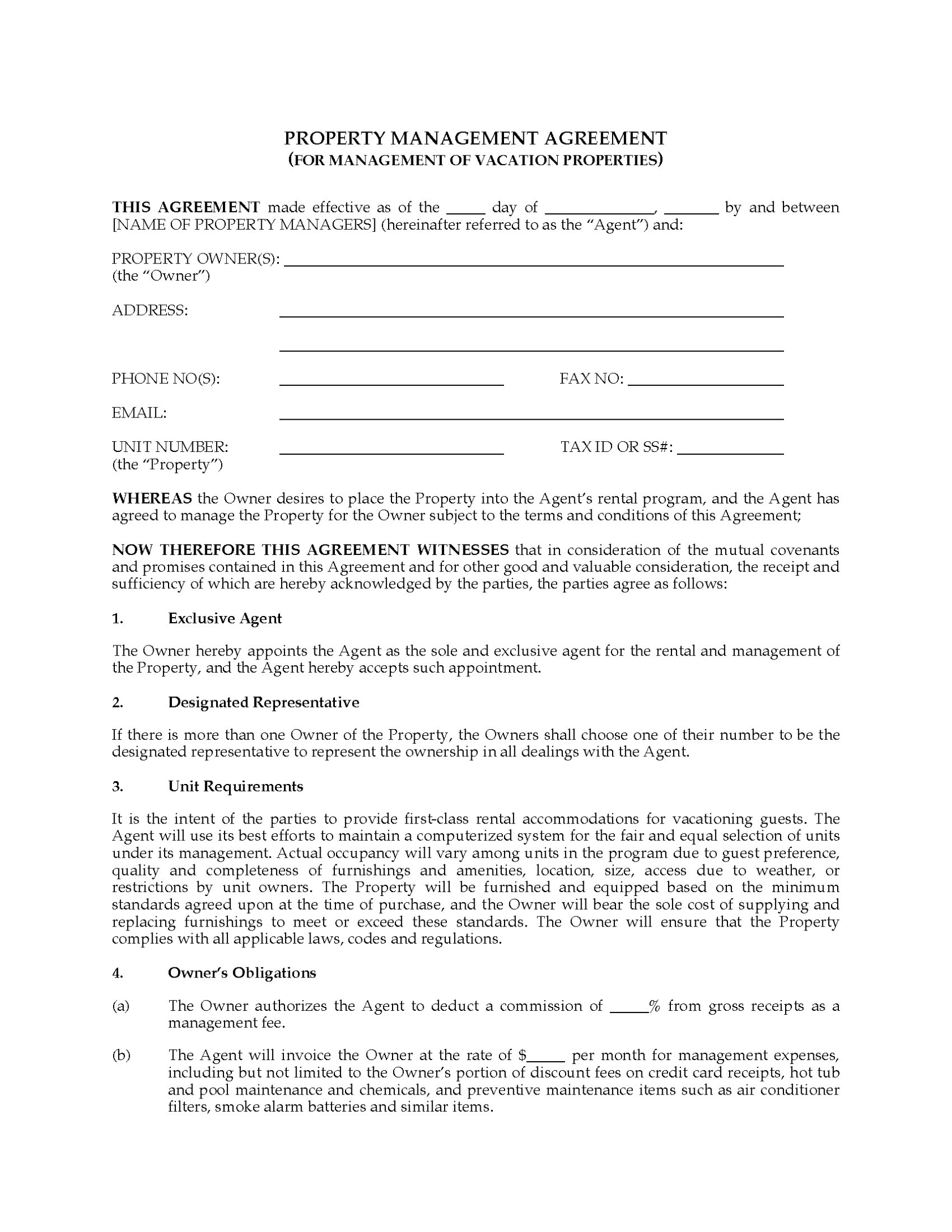 Property Management Agreement For Vacation Properties | Legal Forms And Throughout Land Promotion Agreement Template