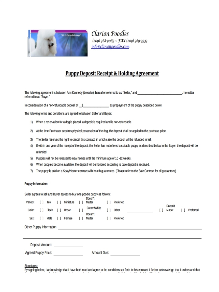Puppy Deposit Contract Sample : 6 Puppy Contract Templates Samples For With Regard To Puppy Contract Templates