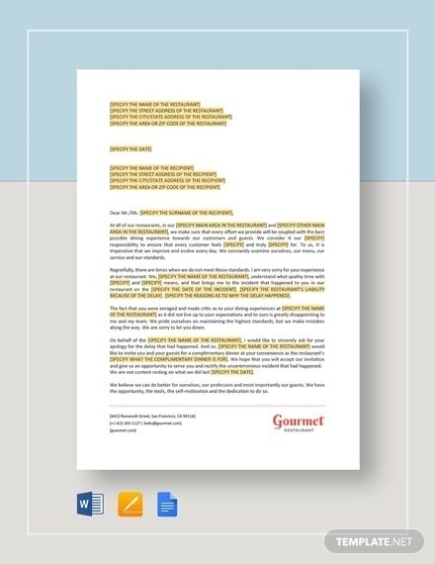 Restaurant Apology Letter For Delayed Response Samples & Templates Download In Restaurant Cancellation Policy Template