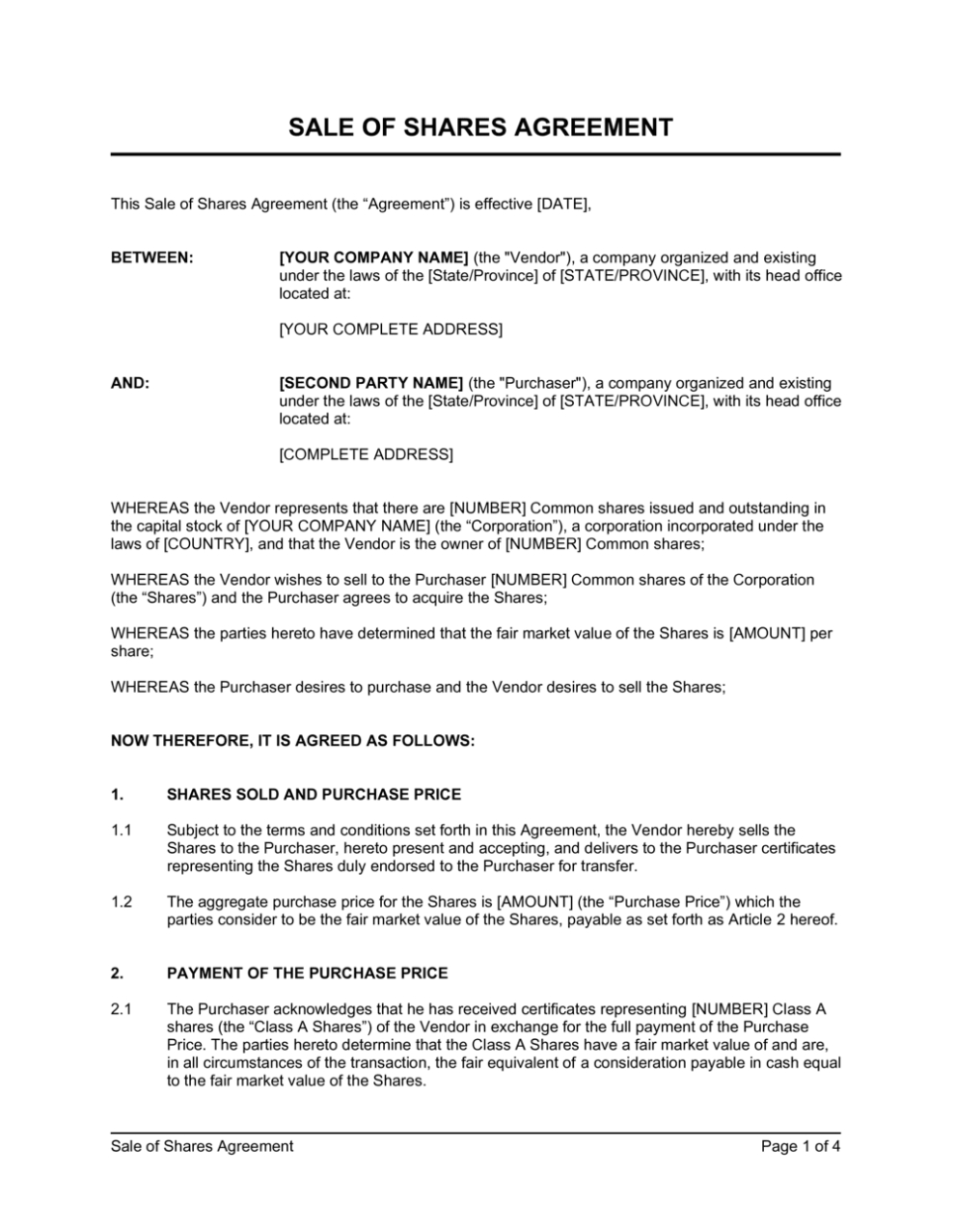 Sale Of Shares Agreement Template | By Business In A Box™ Inside Shareholders Agreement Template For Small Business