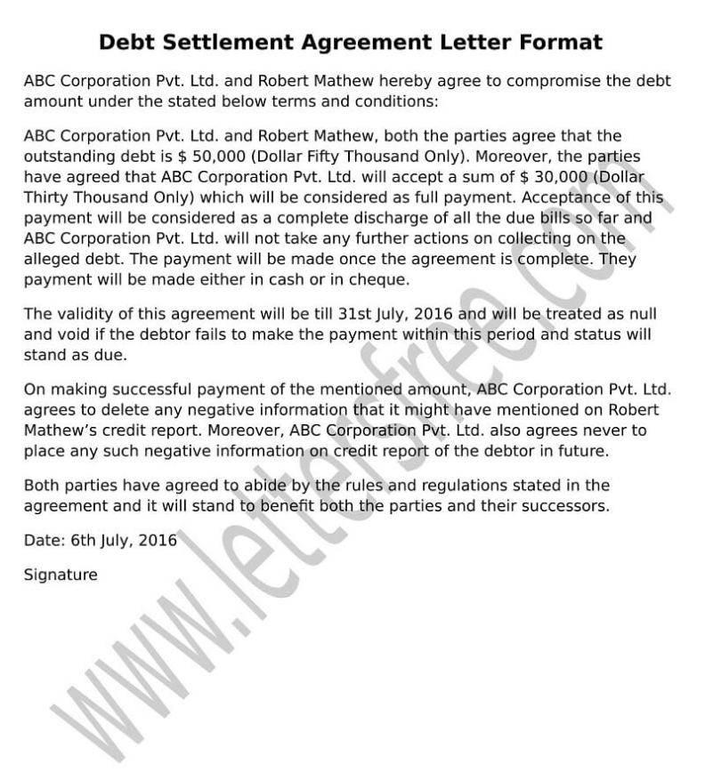 Sample Agreement Letter For Debt Settlement - Free Letters with regard to Negotiated Settlement Agreement Sample