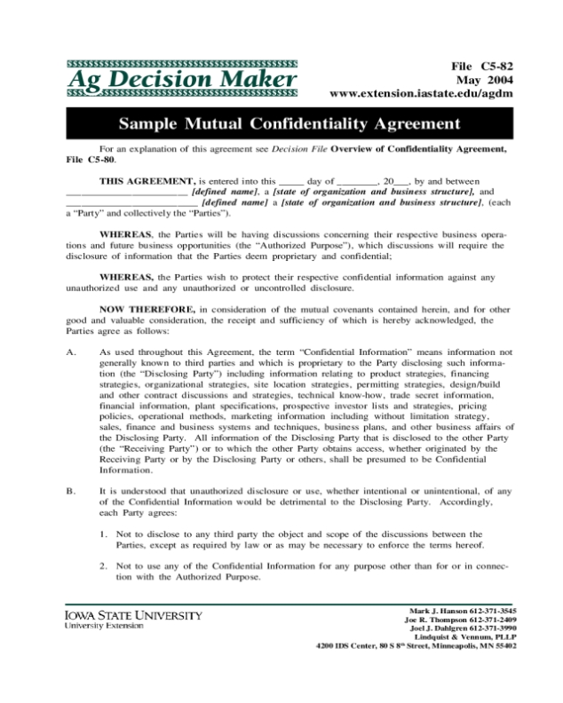Sample Mutual Confidentiality Agreement - Edit, Fill, Sign Online intended for Mutual Confidentiality Agreement Template