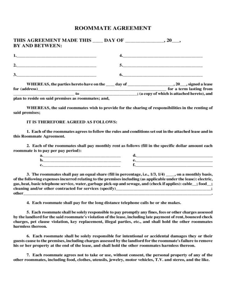 Sample Roommate Agreement Free Download inside Free Roommate Lease Agreement Template