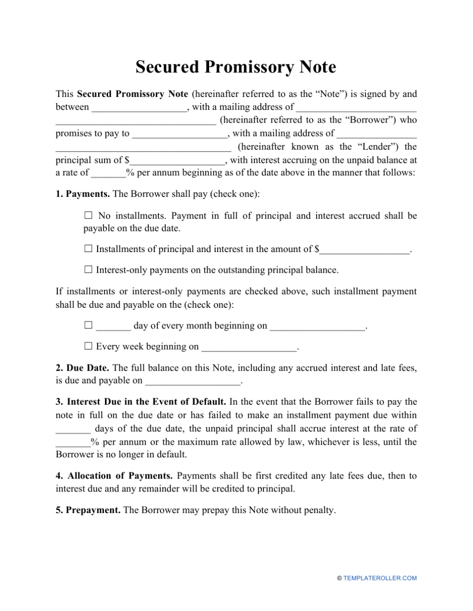 Secured Promissory Note Template Download Printable Pdf | Templateroller Inside Loan Promissory Note Template