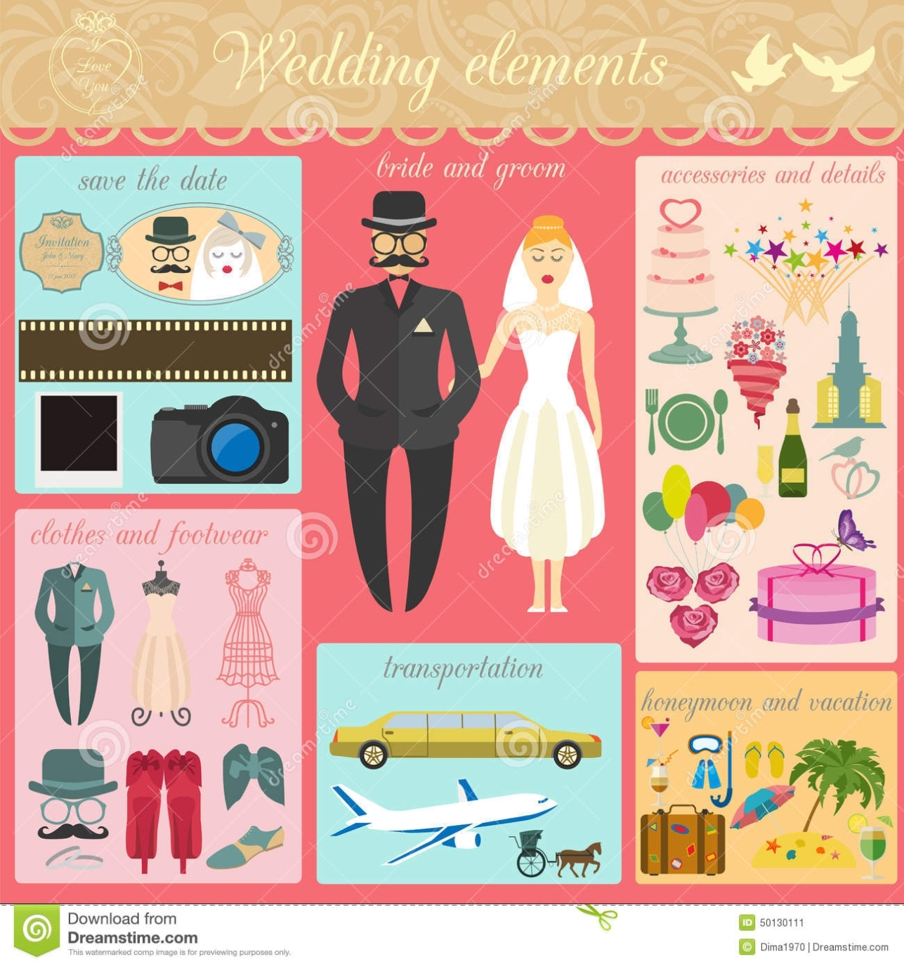 Set Of Vintage Wedding, Fashion Style And Travel Infographic Elements Regarding Wedding Infographic Template