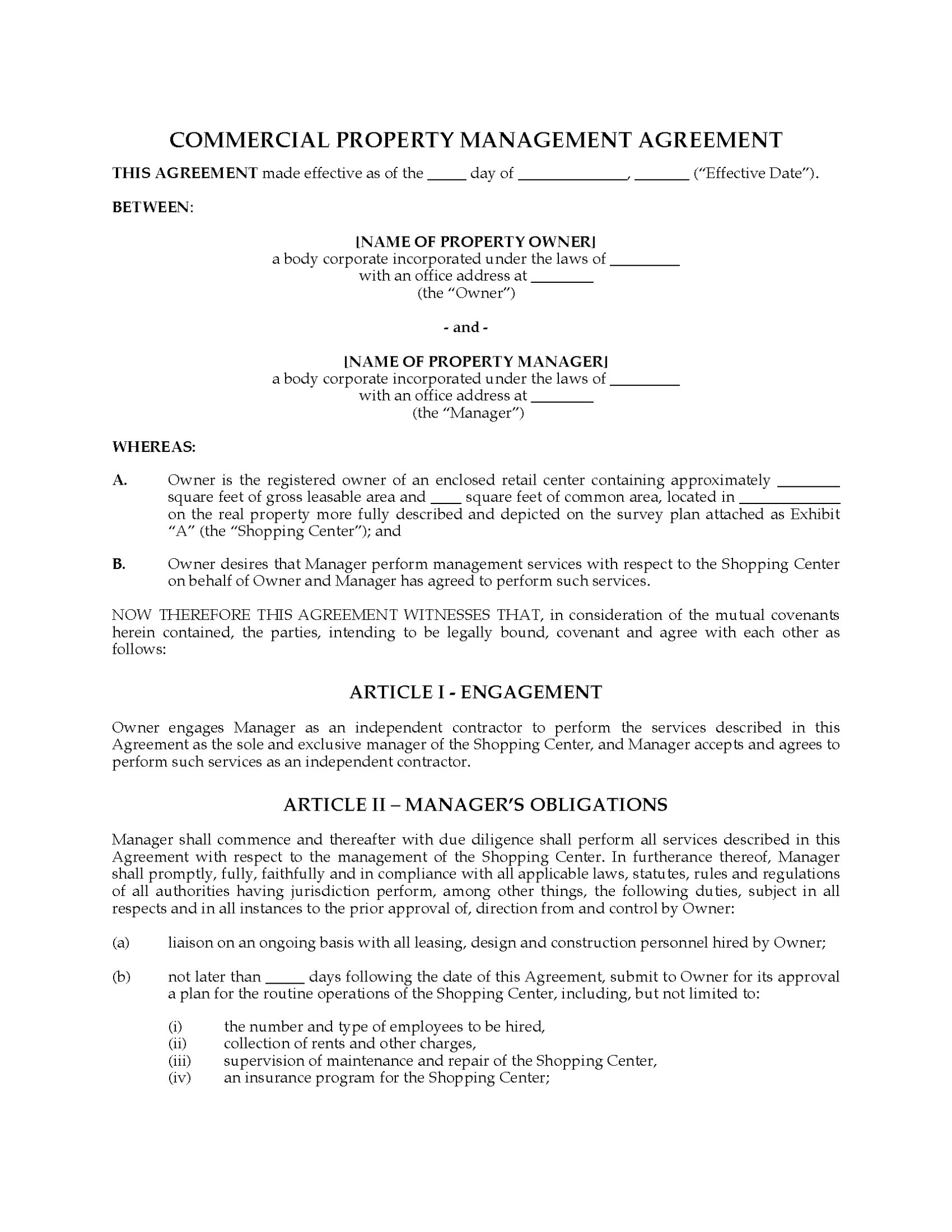 Shopping Center Property Management Agreement | Legal Forms And Throughout Free Commercial Property Management Agreement Template