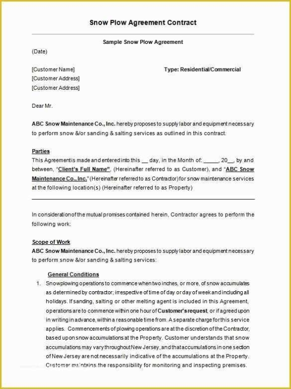 Snow Removal Contract Template Free Of 20 Snow Plowing Contract Intended For Free Snow Plowing Contract Templates