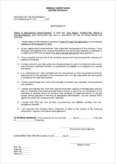 Sworn Affidavit Form Examples - 9+ Pdf | Examples Pertaining To Legal Undertaking Template