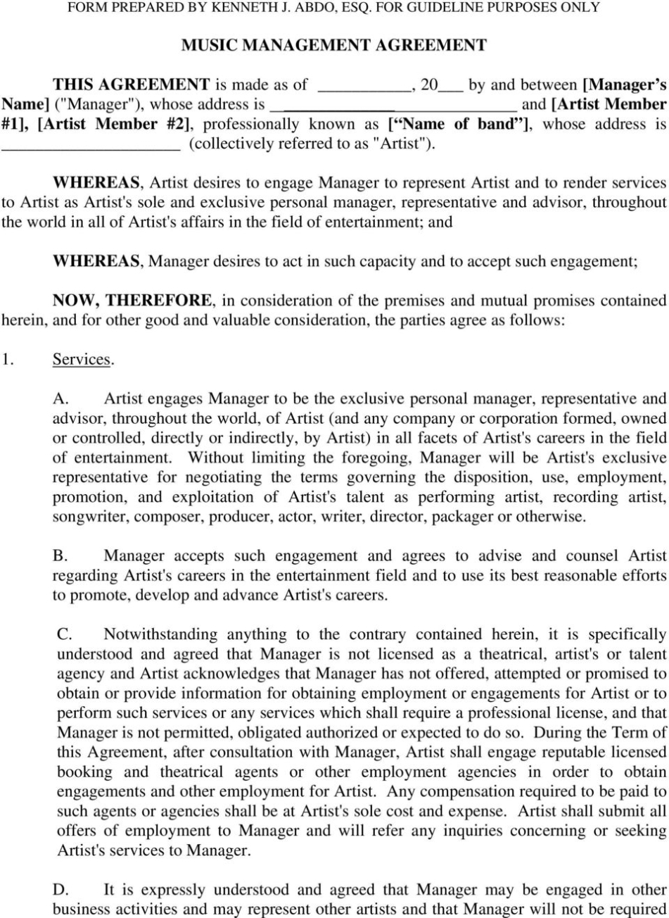 Talent Management Agreement Template For Talent Management Agreement Template