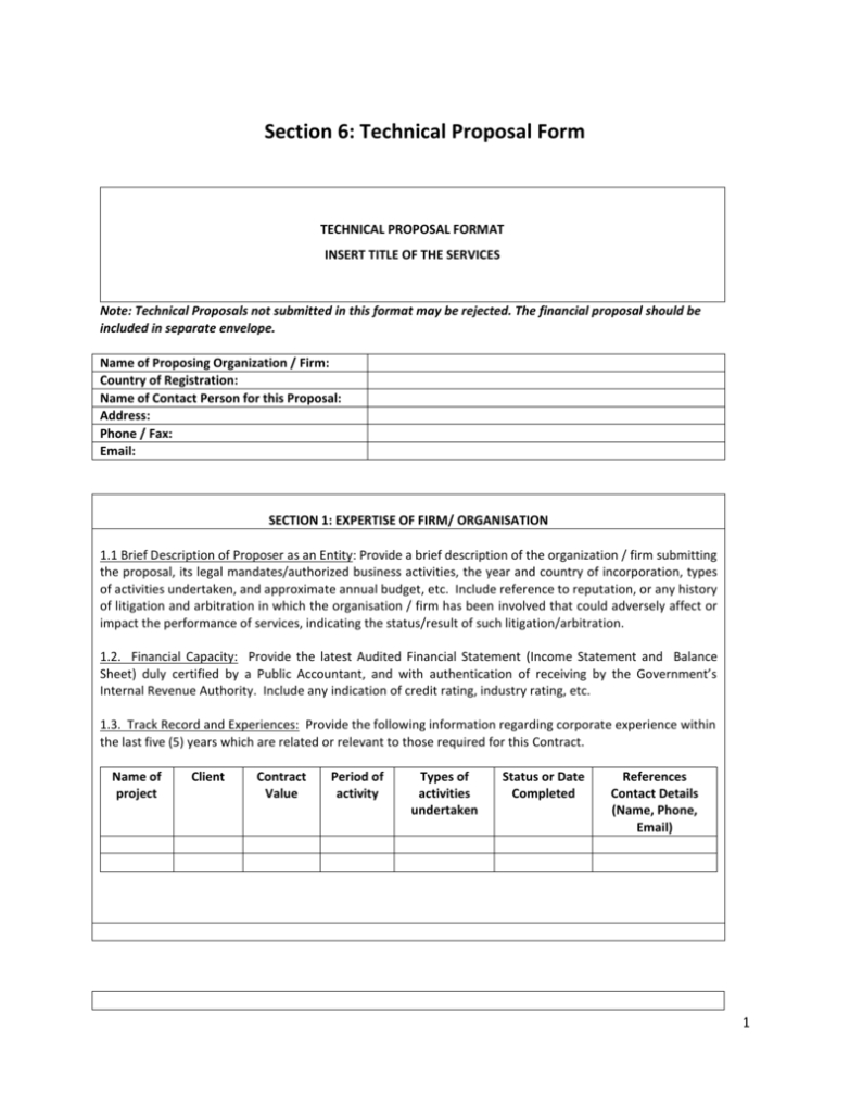 Technical Proposal Form Throughout Technology Proposal Template