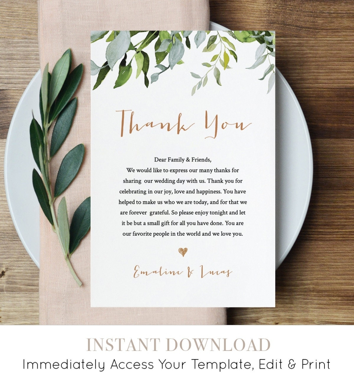 Thank You Letter Template, Wedding Reception Thank You Note, Instant Pertaining To Thank You Notes Templates