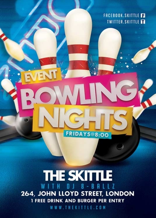 Themed Bowling Club Night Or Party Flyer Template - N2N44 Graphic Design in Bowling Party Flyer Template