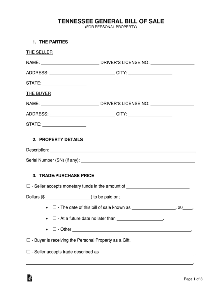 Tn General Bill Of Sale (For Personal Property) - Fill And Sign intended for Legal Bill Of Sale Template
