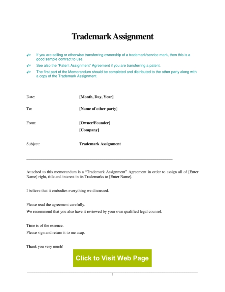 Trademark Assignment Agreement For Trademark Assignment Agreement Template