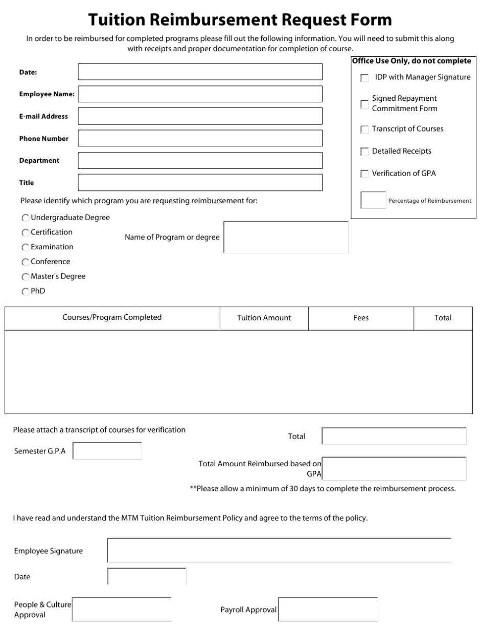 Tuition Reimbursement Request Form Download Fillable Pdf | Templateroller Regarding Tuition Agreement Template