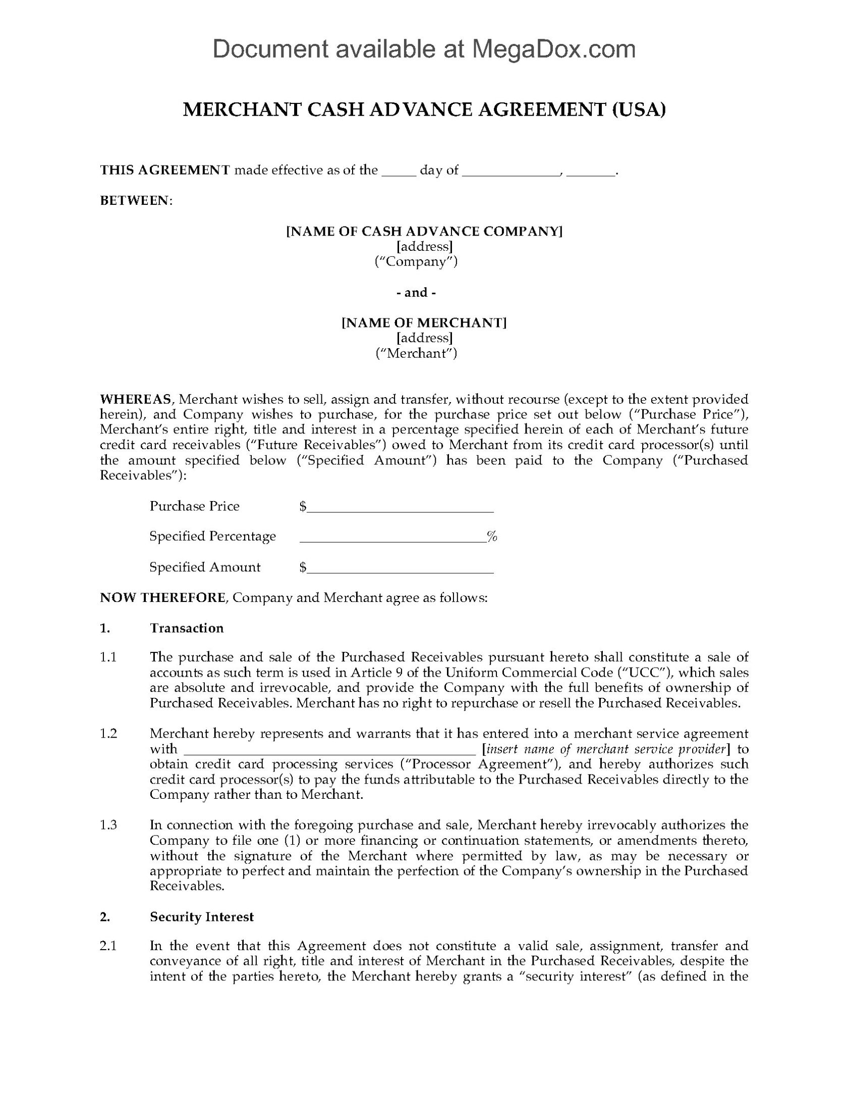 Usa Merchant Cash Advance Agreement | Legal Forms And Business pertaining to Credit Sale Agreement Template