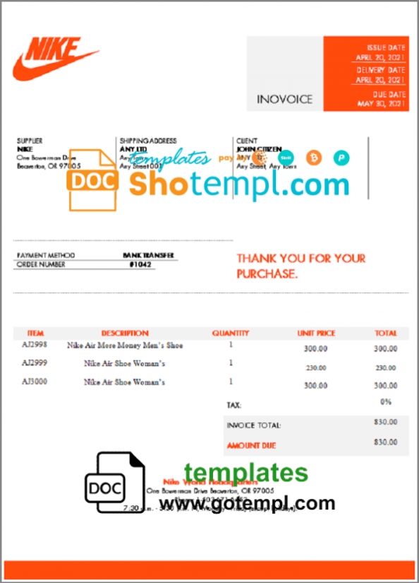 Usa Nike Invoice Template In Word And Pdf Format, Fully Editable With Usa Invoice Template