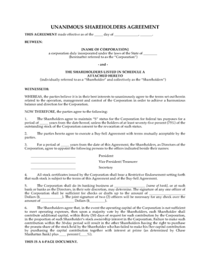 Usa Shareholders Agreement For S Corporation | Legal Forms And Business Intended For S Corp Shareholder Agreement Template