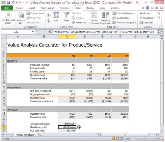 Value Analysis Calculator Template For Excel intended for Business Value Assessment Template