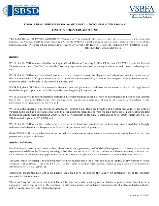 Virginia Ssbci Cap Lender'S Participation Agreement Download Fillable With Regard To Program Participation Agreement Template
